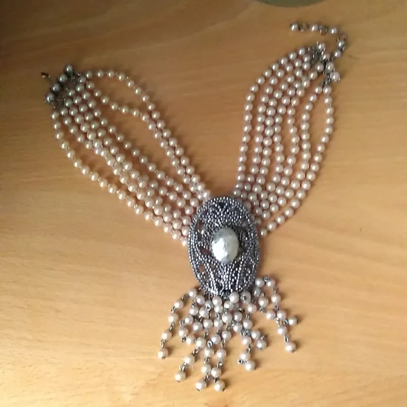 RARE SANDOR 7-Layer Glass Pearl Choker w L W PARIS Cut Steel Slide Buckle - Picture 6 of 16